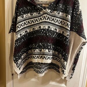Hollister Black, Cream, and Burgundy Patterned Hooded Poncho Sweater